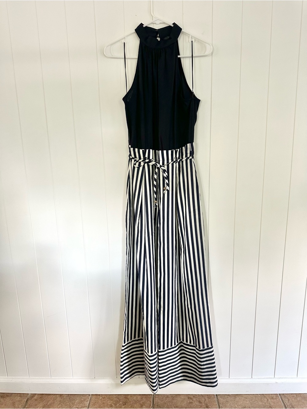 Zara Navy Blue and White Striped Wide-Leg Halter Top Jumpsuit